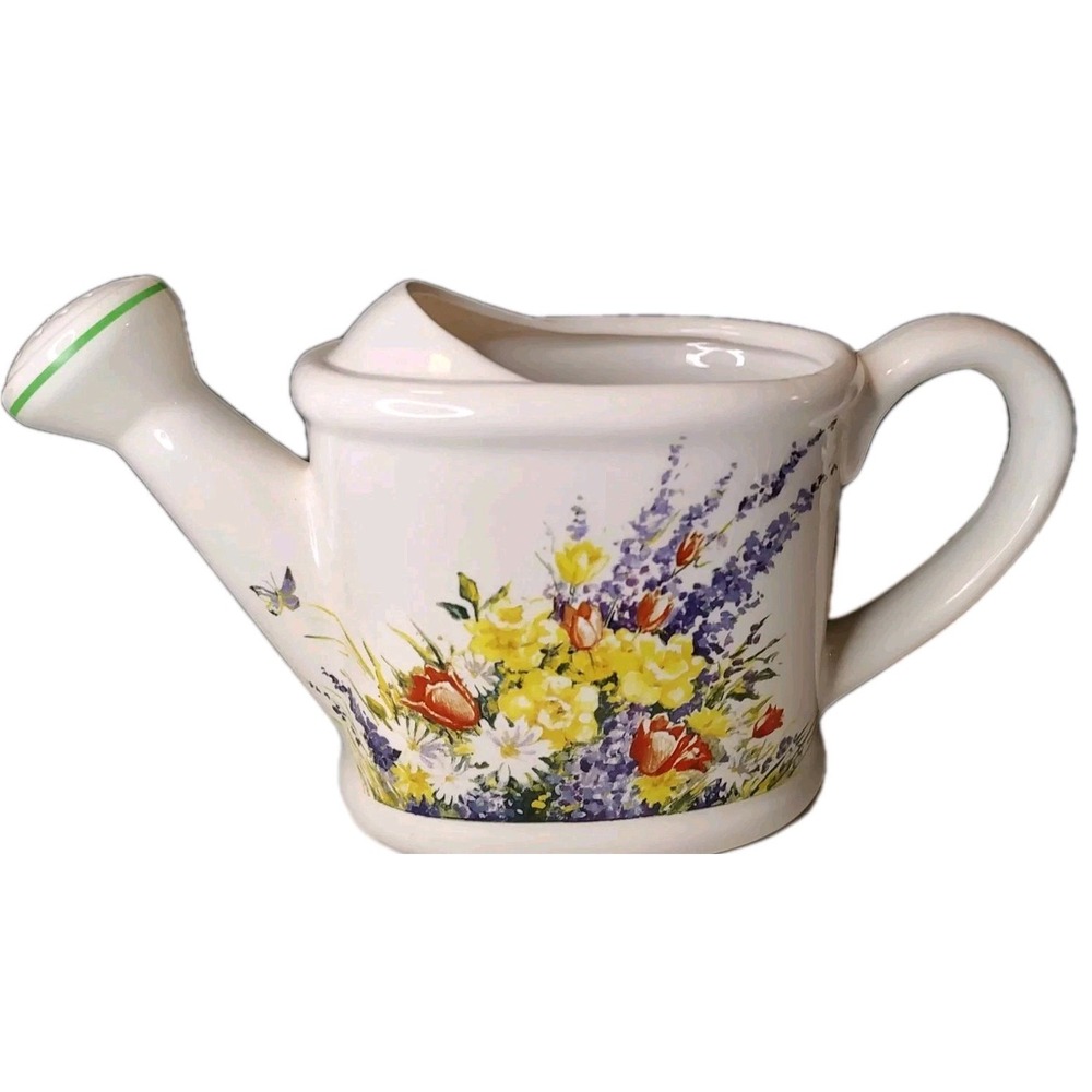 Teleflora Watering‎ Pitcher Vase White Ceramic Planter Floral Pattern Cottage